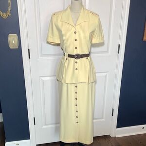 Vintage Julian Taylor Butter Yellow Button-Front Collared Tab Shoulder Dress Sz6
